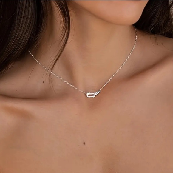 Entangled Dainty Sterling Double Chain Link Necklace Silver with Faux Diamonds - Picture 2 of 5